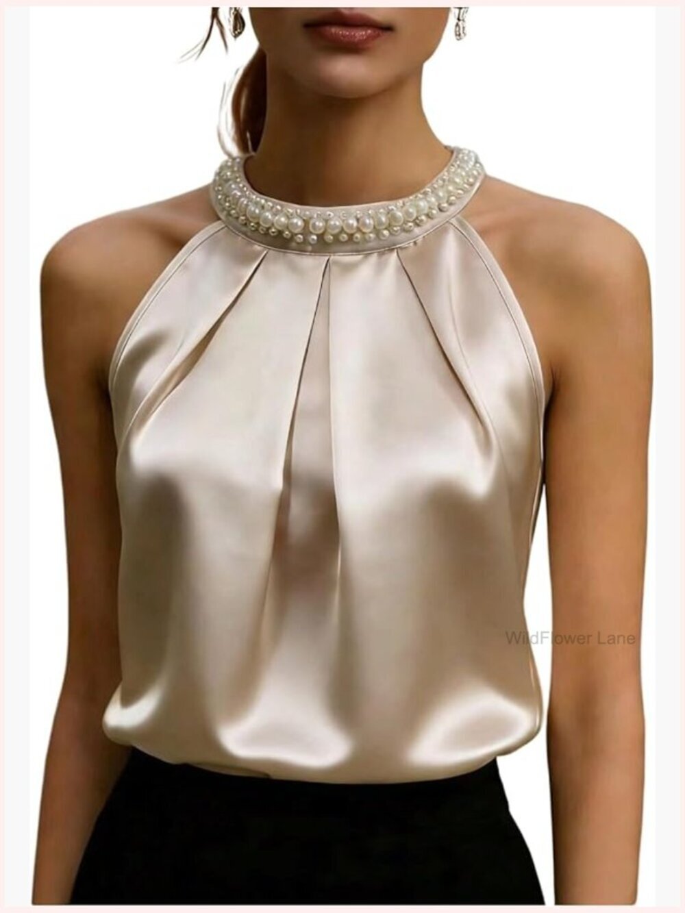 Satin Pearls Halter Tank Top Dressy Casual Sleeveless Blouse